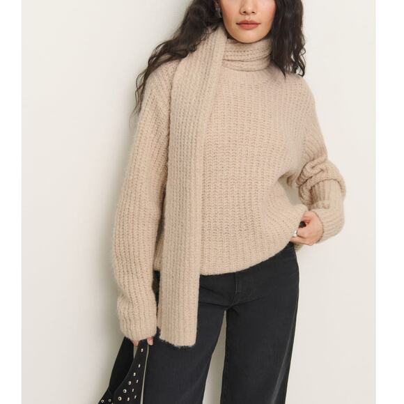 Reformation Spence Wheat Beige Detachable Scarf Sweater S NEW Ribbed Knit Crew - Picture 1 of 7